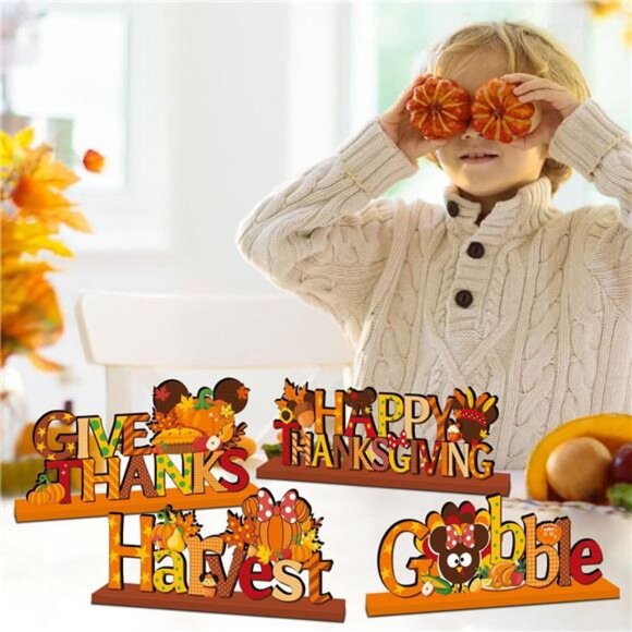 4Pcs Mouse Thanksgiving Table Decorations Wooden Centerpiece Cute Themed - Picture 2 of 8